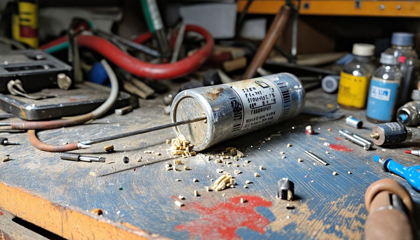 An old, cluttered workbench with electronic components and a lone capacitor.