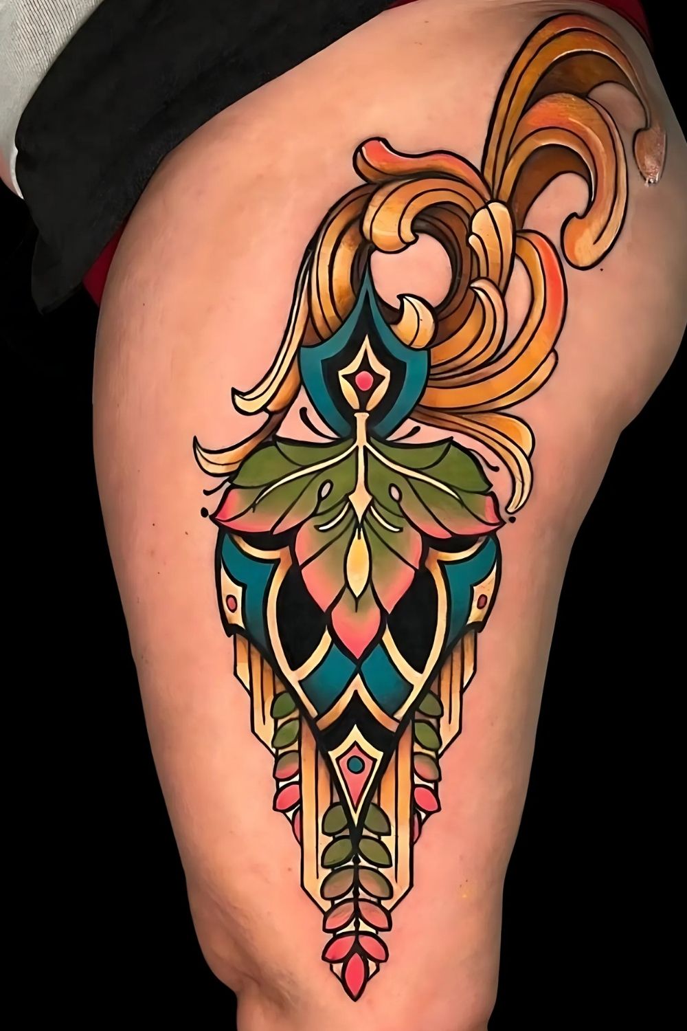 Modern Art Deco Thigh Tattoo