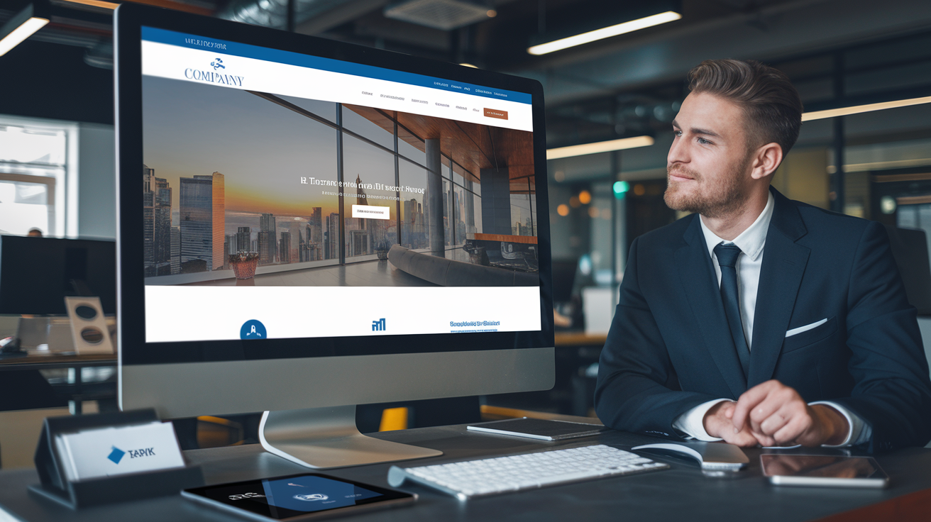 Create a realistic image of a professional-looking website displayed on a sleek desktop computer screen, with a modern office setting in the background. The website should feature a clean design with a company logo, navigation menu, and high-quality images. A white male businessman in a suit is sitting at the desk, looking confidently at the screen. On the desk, there's a business card holder, a tablet showing analytics, and a smartphone with social media notifications, symbolizing a strong online presence and credibility.