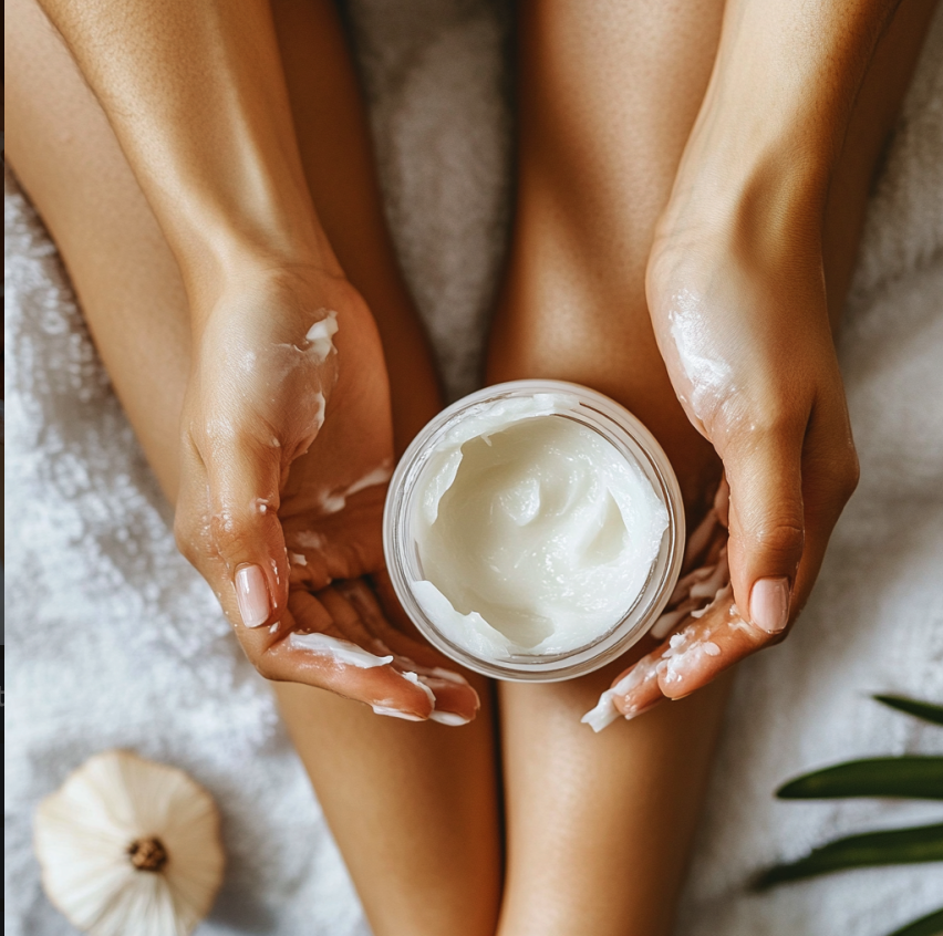 White female hand and legs holding a container of hydrating coconut cream that offers benefits to dry skin. Featured in the blog "Can I Use Coconut Oil As A Body Cream?"