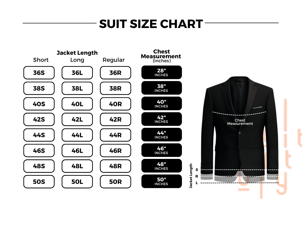 A "Suit Size Chart" displaying various suit sizes with corresponding measurements for chest, waist, and jacket length. The chart includes categories such as small, medium, large, and extra-large, with specific numbers in inches or centimeters for each size. The layout is clear and easy to read, helping users determine the right suit size based on their body measurements. The design is professional and straightforward, assisting viewers in selecting the perfect suit fit.