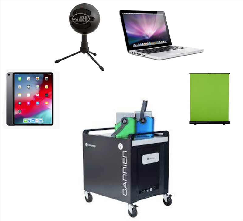 A collection of gadgets - laptop, tablet, camera.