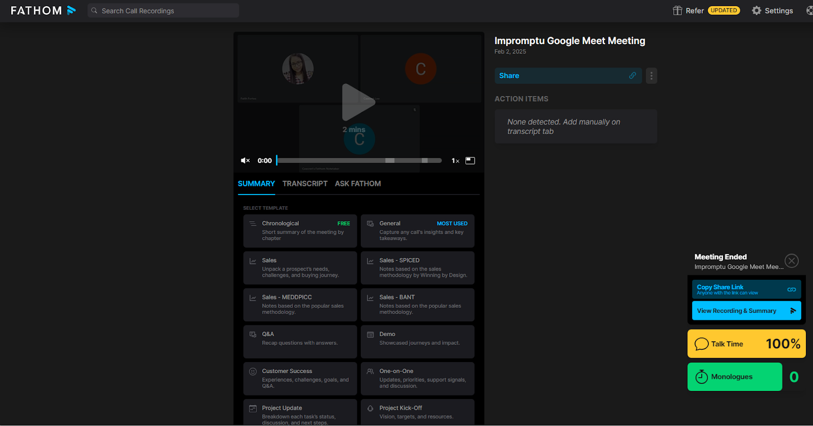 The summary tab of a Fathom meeting interface displaying a recorded video, transcript templates, and sharing options.