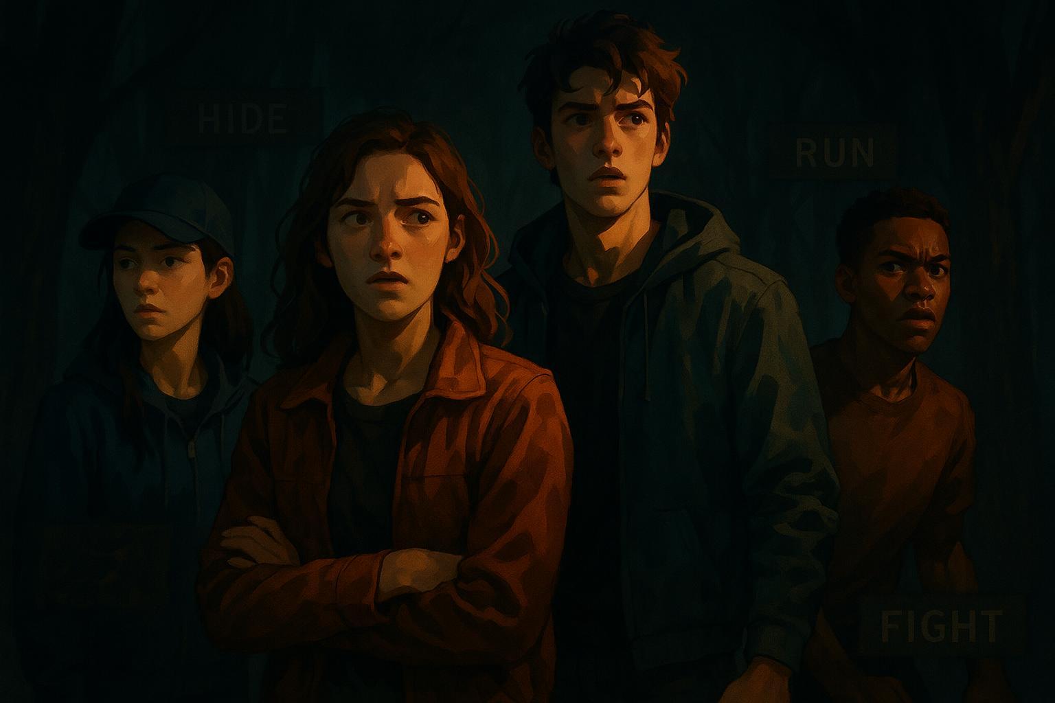 A cinematic illustration showing a group of friends (young adults/teens) in a slightly stylized, dimly lit, unsettling environment (like a dark forest path or creepy room). They are looking concerned or determined, with visual cues suggesting a 'what if' survival scenario (e.g., subtle options like 'hide', 'run', 'fight' implied visually). Style: Cinematic illustration, slightly dramatic lighting.