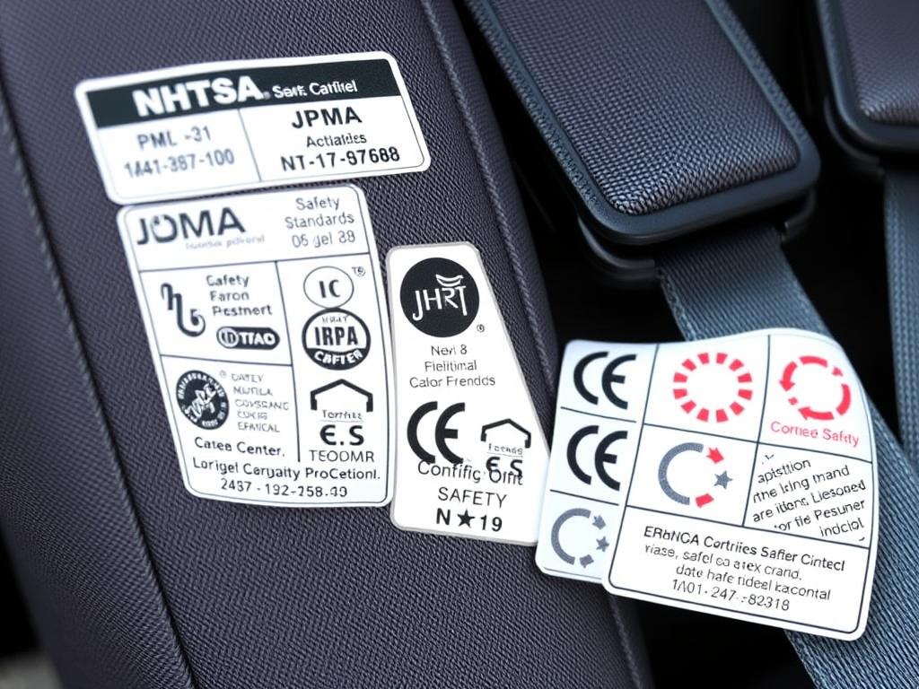 Various safety certification logos and labels found on the safest car seats of 2025