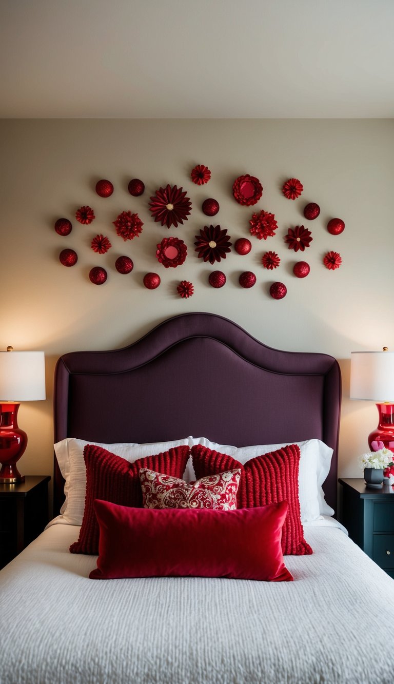 A bedroom with a wine-colored headboard, adorned with 25 red-themed decorative elements