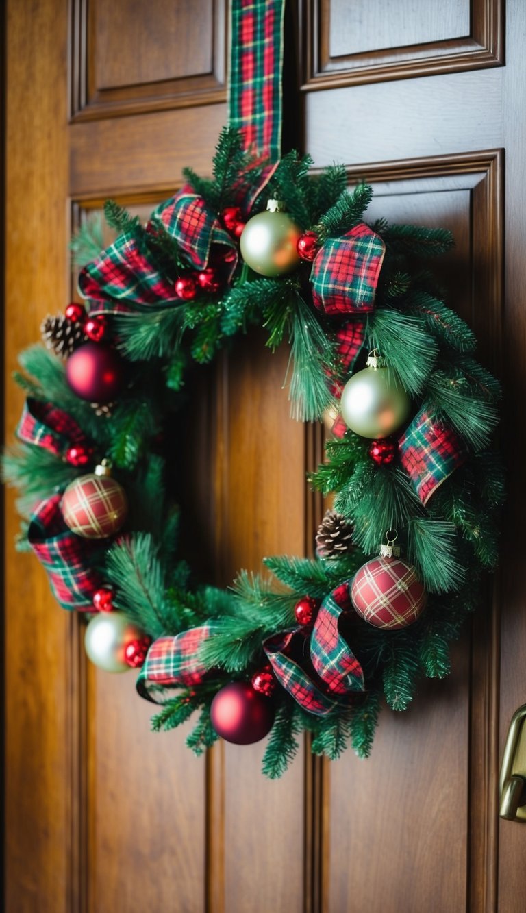 A plaid tartan wreath adorned with festive ornaments and greenery hangs on a wooden door