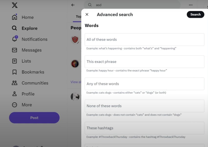 Advanced search on X