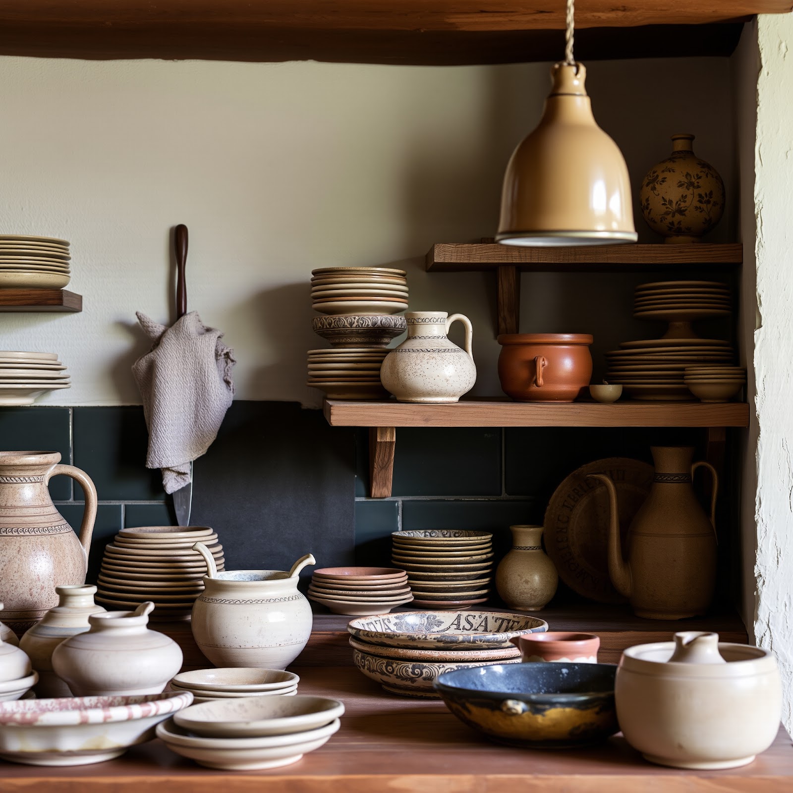 Handcrafted pottery in cottage kitchen