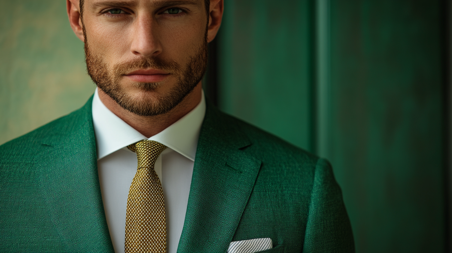 
A sharp and polished green suit paired with a crisp white dress shirt, creating a clean and fresh contrast. The white shirt enhances the vibrancy of the green suit, making it stand out. The suit is well-tailored, and the overall look is sophisticated yet modern. Accessories are kept simple, with a solid tie and pocket square. The background is clean and minimalistic, emphasizing the sharpness and elegance of the outfit