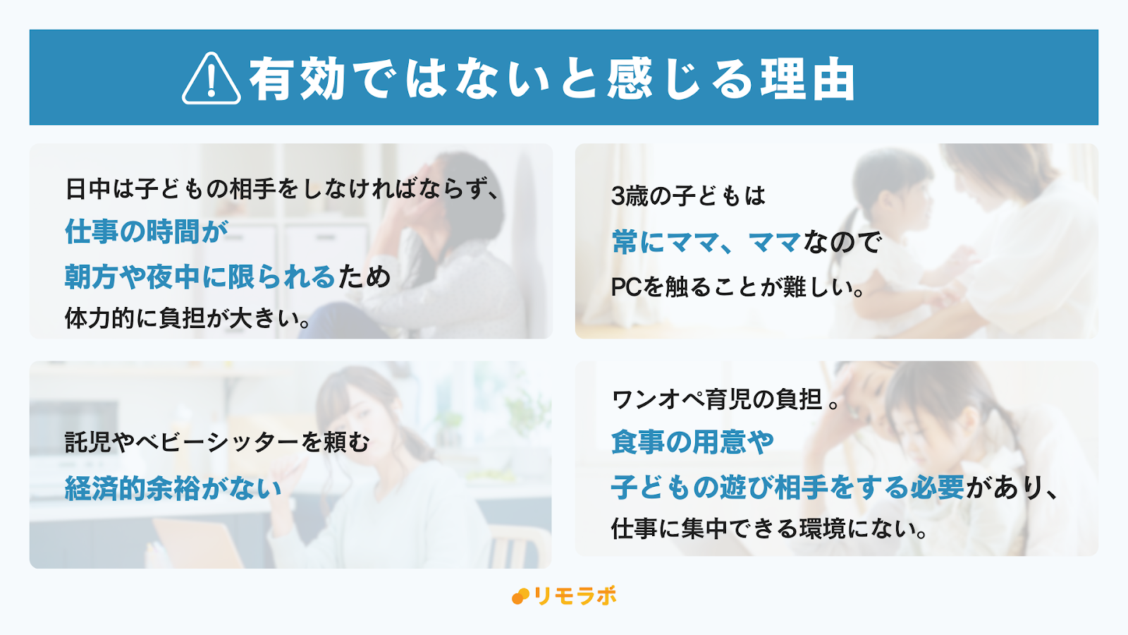 日中は子どもの相手があり仕事が朝や夜中になる、ベビーシッターを頼む経済的余裕がない、ワンオペ育児の負担、など