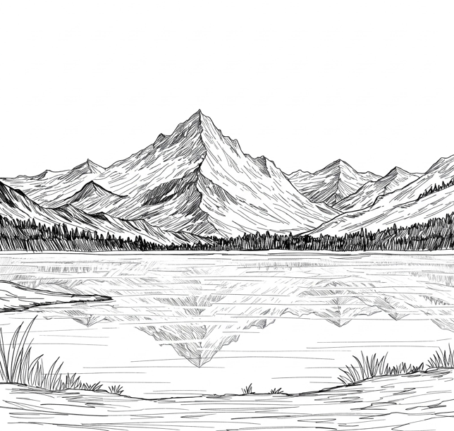 Digital sketch of a lake with a mountain view