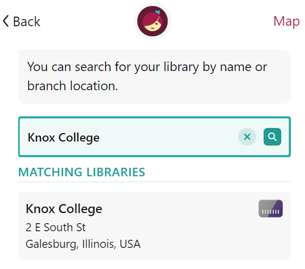 Shows Libby app screen displaying Knox College as a matching Library