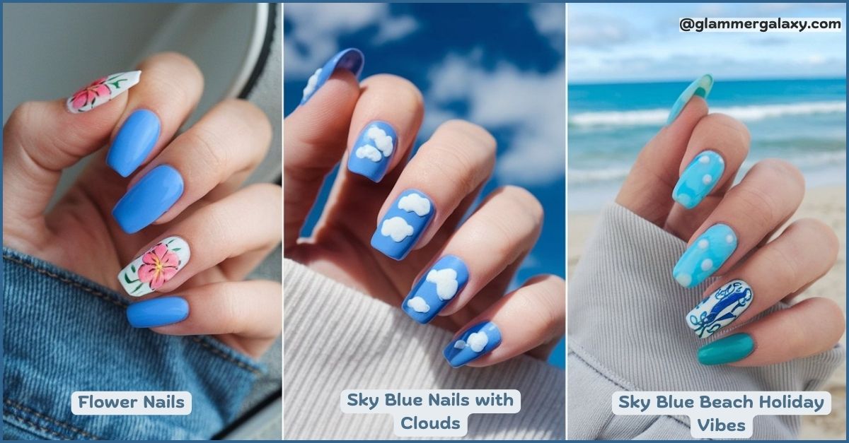 Three blue nail designs: flower nails, sky blue nails with clouds, and beach-themed blue nails with polka dots.