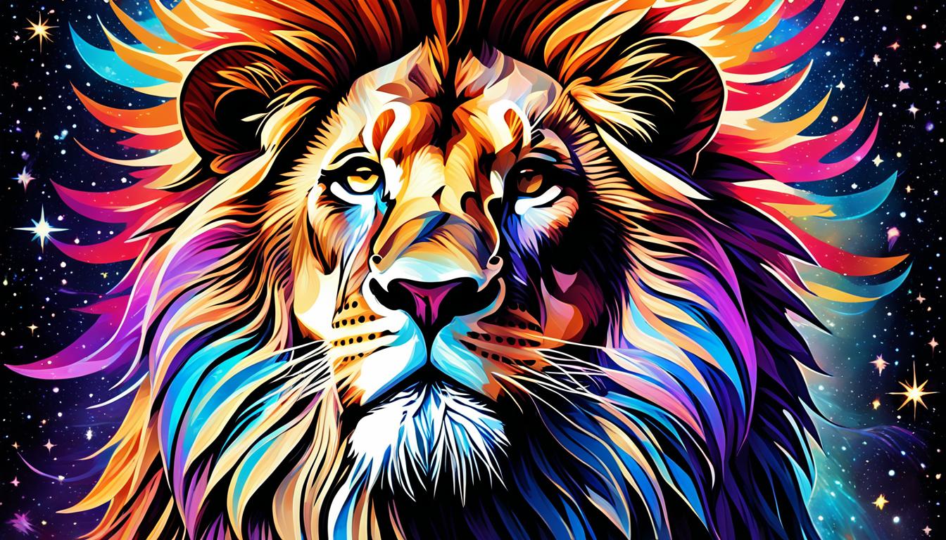 An image of a lion standing tall under a cosmic gateway filled with vibrant beams of light. The lion's mane is made up of intricate geometric patterns that represent the powerful "light codes" streaming down from the gateway. The background is filled with swirling galaxies and stars, symbolizing the expansive possibilities that come with harnessing the power of these codes.