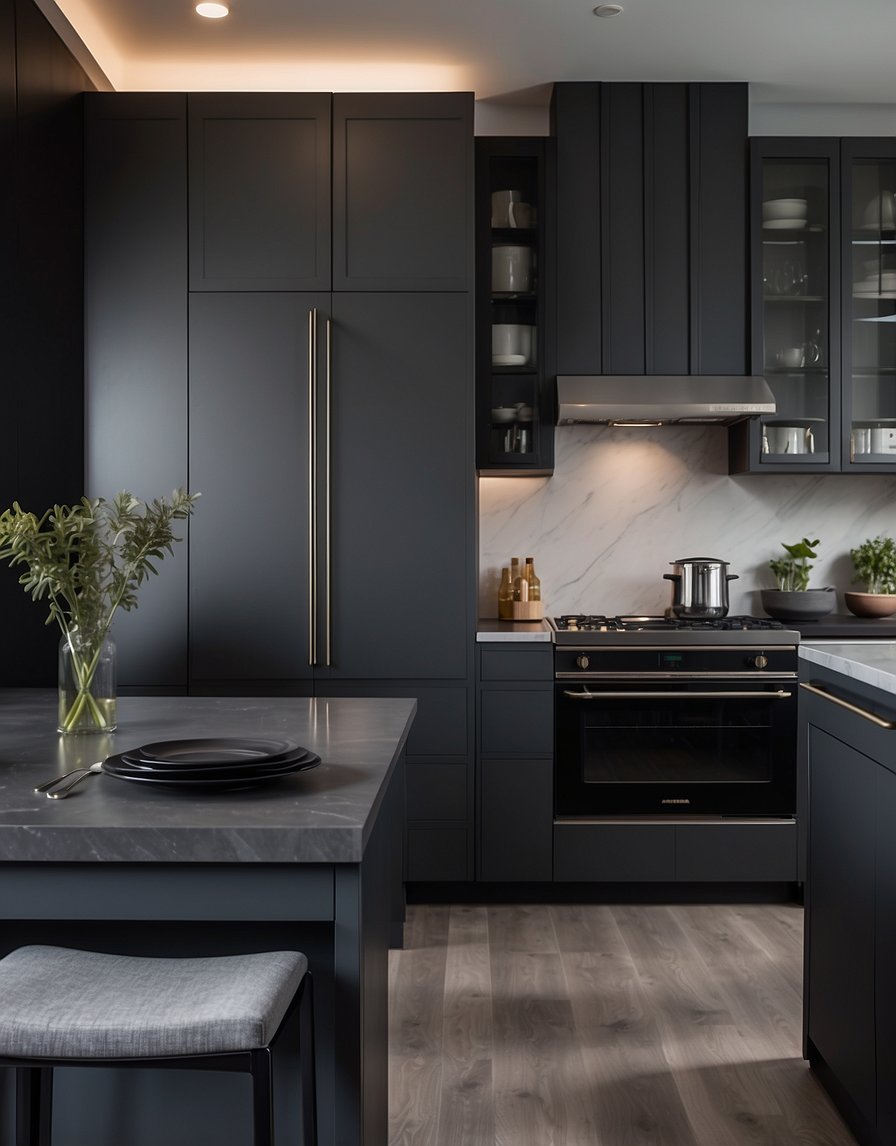 The dark gray kitchen cabinets stand tall against the backdrop, exuding a sense of modern elegance. The sleek, minimalist design is accentuated by the soft lighting, casting a subtle glow over the smooth surfaces