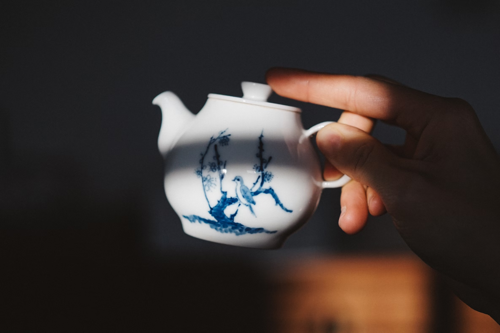 Hand holding a blue and white teapot