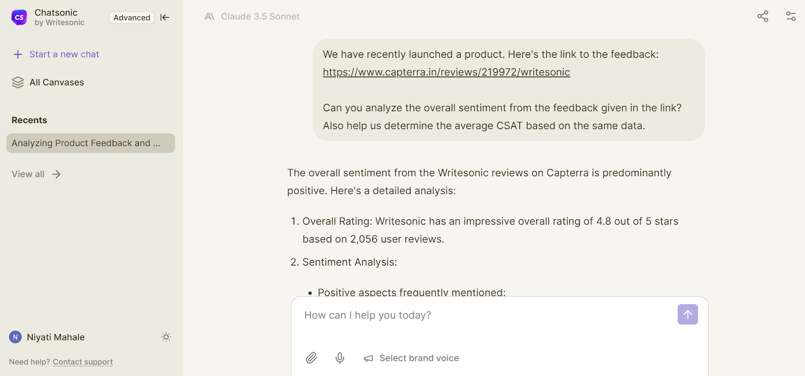 A sentiment analysis run using Chatsonic.