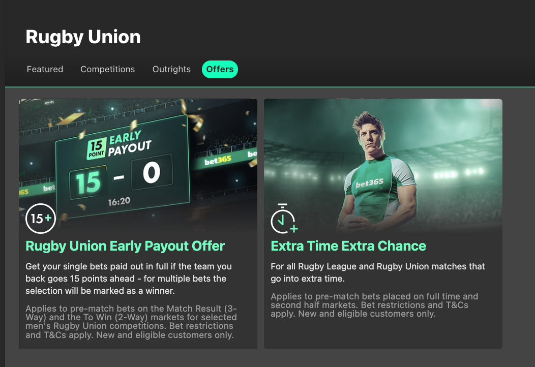 Rugby Union offers on Bet365