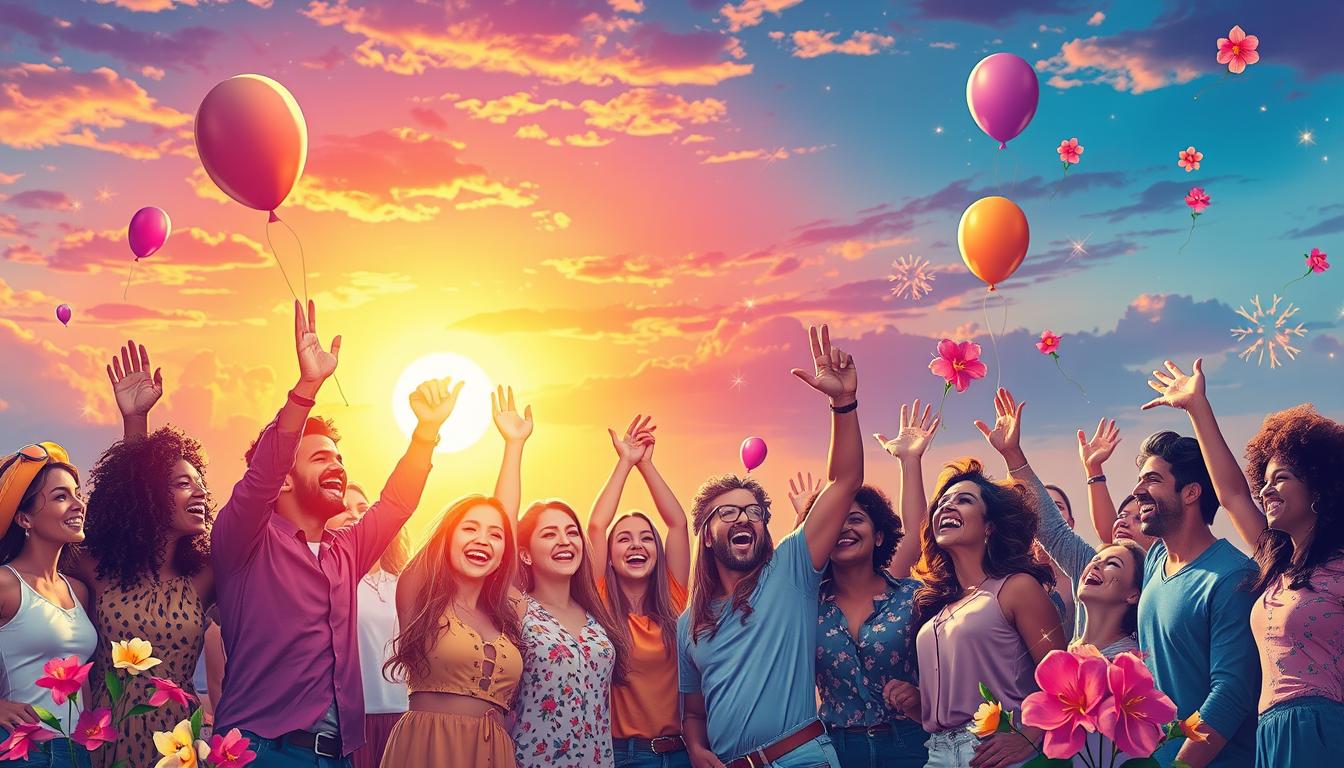 A vibrant scene depicting a diverse group of people joyfully celebrating together under a colorful sunset, surrounded by symbols of their achievements like floating balloons and blooming flowers. The atmosphere is filled with energy and positivity, with sparkling lights and whimsical elements representing dreams coming to fruition.