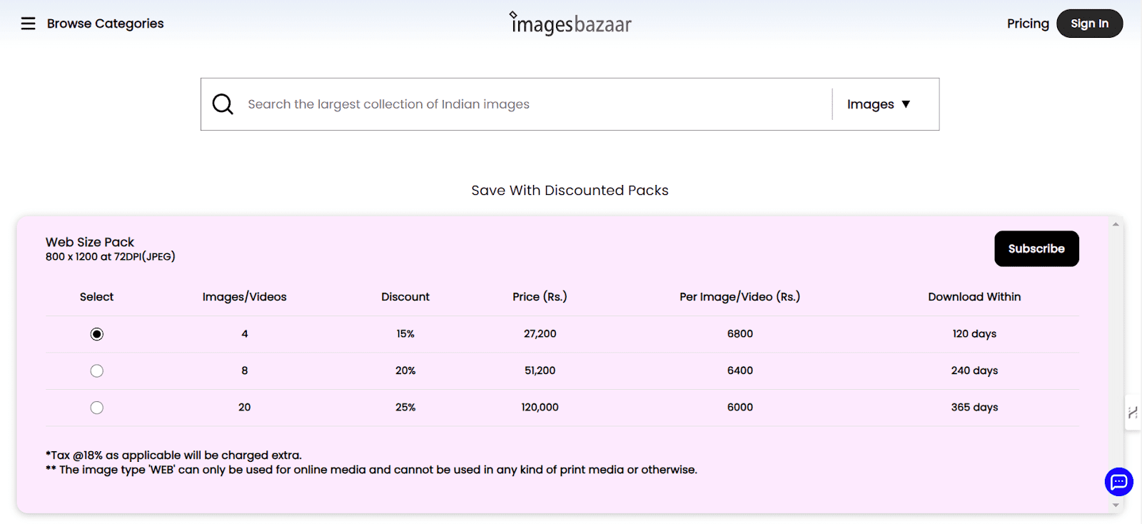 ImageBazaar Web Size Pack Pricing 