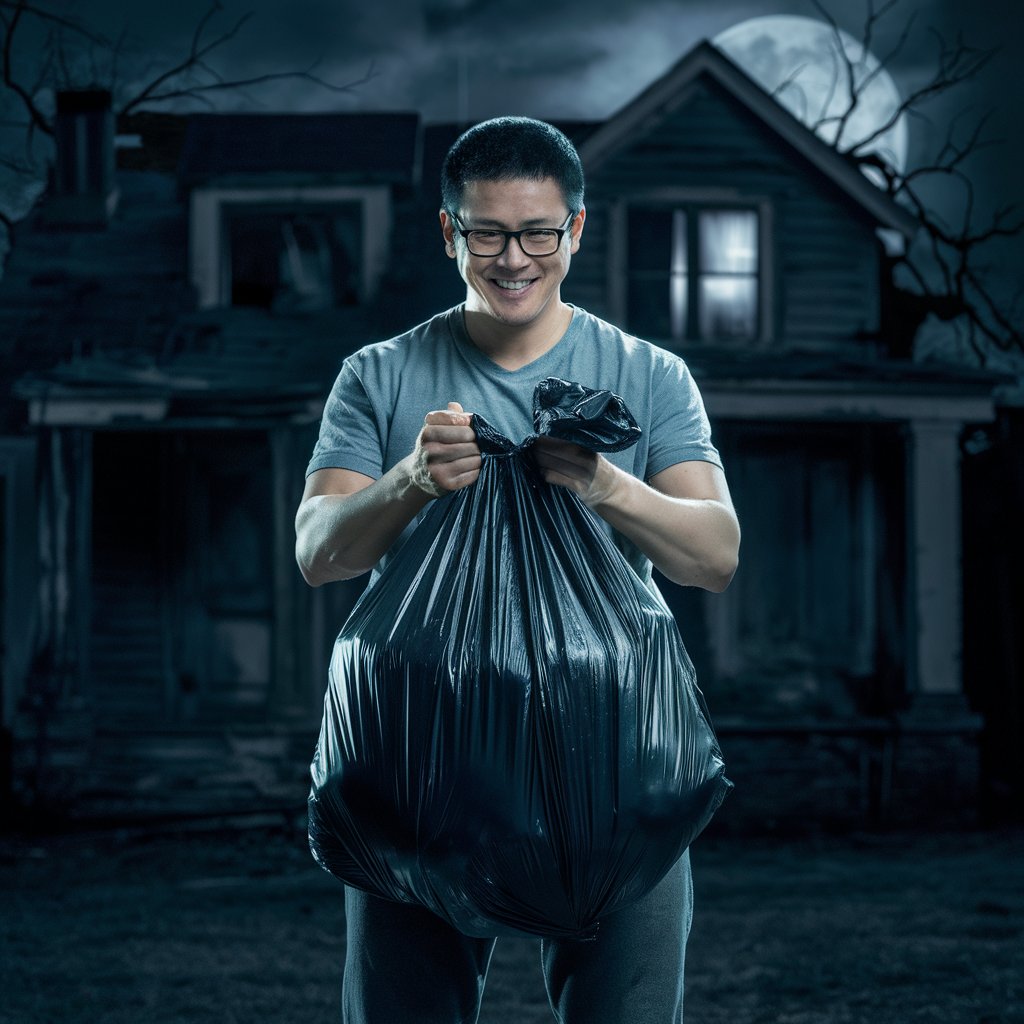 A man carrying a full trash bag at night, looking mischievous | Source: Midjourney