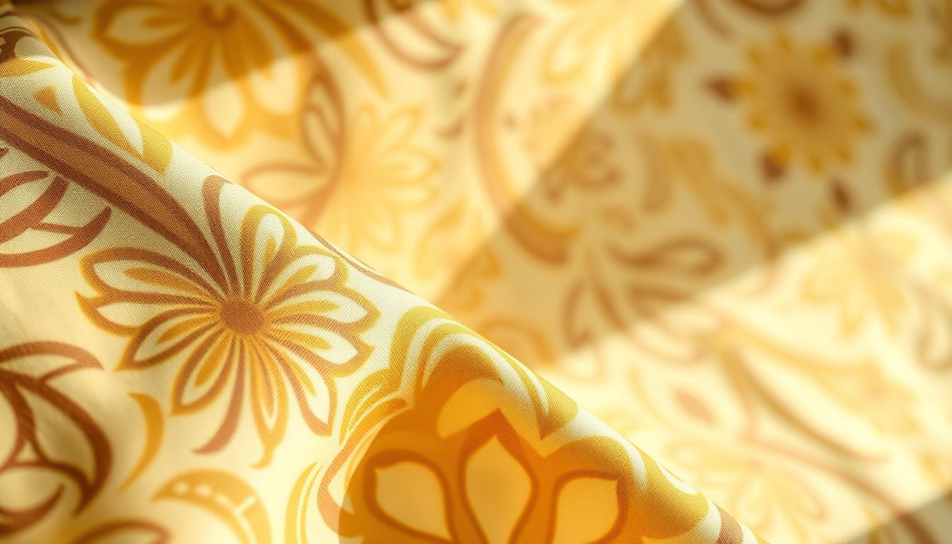 A close-up shot of a jasmine series cotton batik fabric, its intricate patterns and vibrant colors coming into focus. The textile's soft, organic textures are illuminated by natural lighting, casting gentle shadows that accentuate the depth and layers of the design. The background is a neutral, slightly blurred studio setting, allowing the beauty of the batik to take center stage. The resulting image captures the essence of the material's craftsmanship, showcasing the skilled artistry and traditional techniques that have made Malaysian batik a renowned textile art.