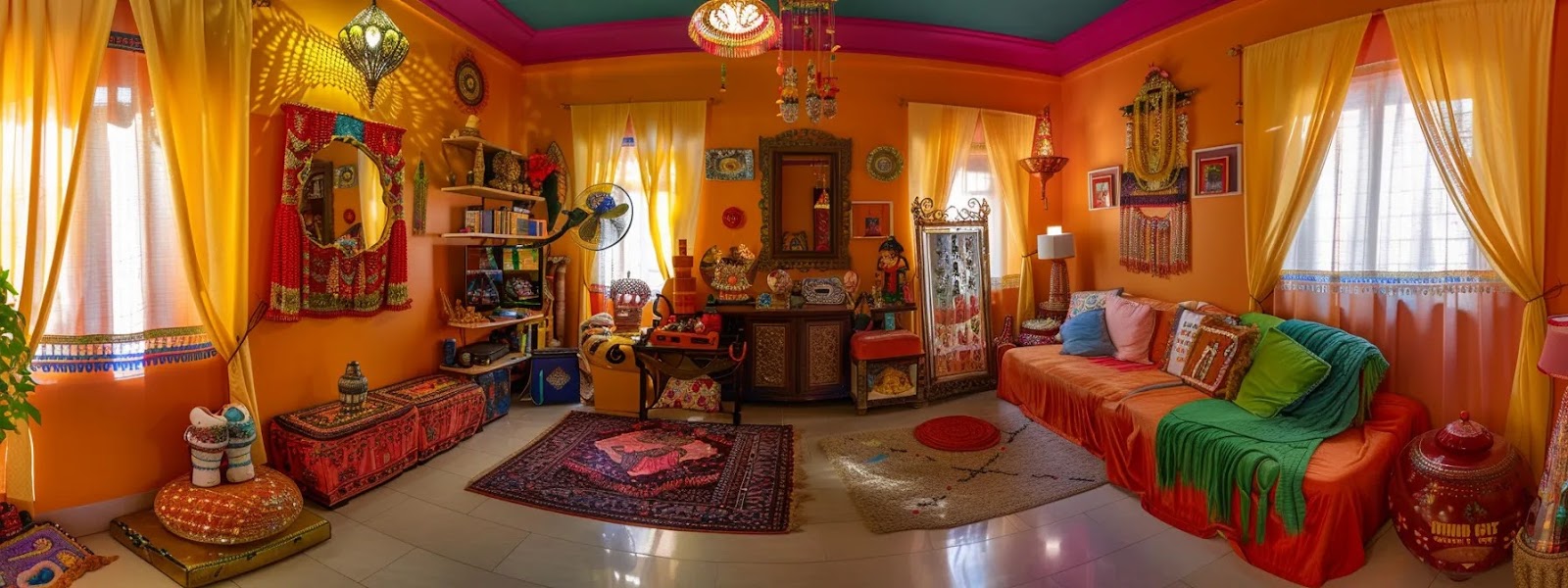 a vibrant, colorful living room with a mirror, dance shoes, and bollywood attire set up for an online dance practice session.