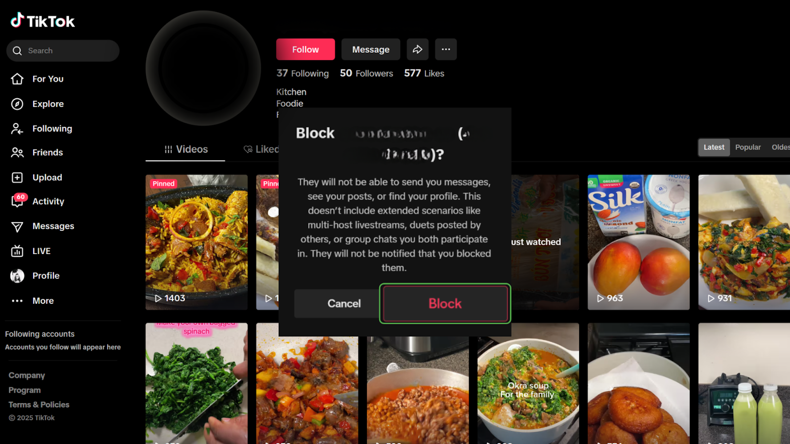 TikTok desktop profile page with the three-dot menu icon selected and the “Block” option visible in the dropdown.