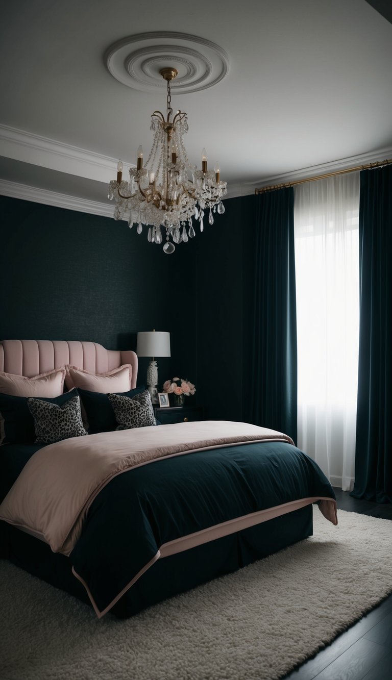 A dark, feminine bedroom with blackout curtains