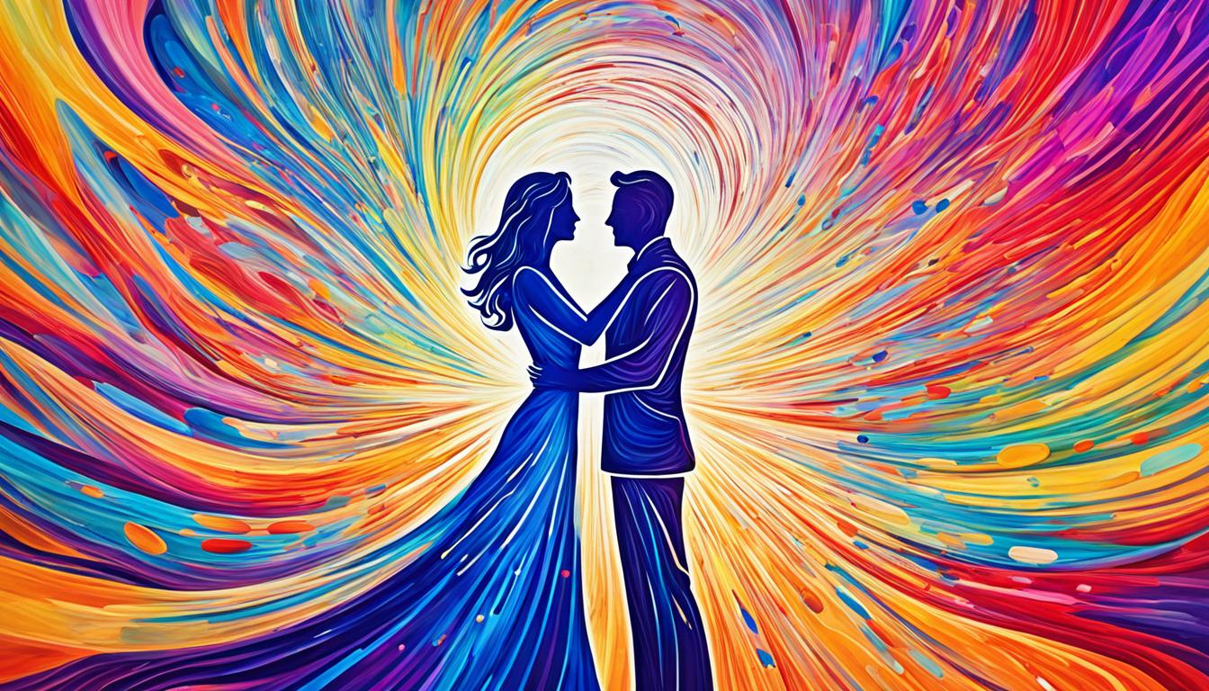 Visualize a powerful force field surrounding an individual, representing their ability to manifest their desired relationship. The force field is made up of vibrant, swirling colors that symbolize the person's positive energy and strength. Within the force field, a silhouette of a couple stands, representing the manifestation of their desired person. The couple is locked in an embrace, radiating happiness and love. In the background, a faded image of past relationships and limiting beliefs is shown, symbolizing the person's journey towards overcoming these obstacles and moving towards a fulfilling relationship.