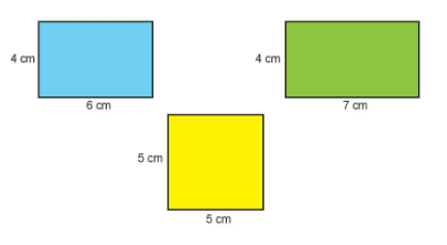 BÀI 53. LUYỆN TẬP CHUNGLuyện tập 1Bài 1: Số?Giải nhanh:Bài 2:a) Tính chu vi hình chữ nhật có chiều dài 2 dm và chiều rộng 5 cm.b) Tính chu vi của hình chữ nhật có chiều dài 1 m và chiều rộng 2 dm.Giải nhanh:Đổi 1 m = 10 dmChu vi hình chữ nhật là: (10 + 2) x 2 = 24 (dm)Bài 3: Một viên gạch hình vuông có cạnh 30 cm. Tính chu vi hình chữ nhật ghép bởi 3 viên gạch như thế. Giải nhanh:Chiều dài hình chữ nhật là: 30 x 3 = 90 (cm)Chu vi hình chữ nhật là: (30 + 90) x 2 = 240 (cm)Bài 4: Người ta đóng cọc để rào các vườn hoa. Biết rằng hai cọc cạnh nhau cách nhau 1 m (như hình vẽ).Bạn ong tìm đến vườn hoa có hàng rào dài nhất, bạn chuồn chuồn tìm đến vườn hoa có hàng rào ngắn nhất. Hỏi mỗi bạn sẽ tìm đến vườn hoa nào?Giải nhanh:Chu vi hàng rào vườn hoa màu vàng là: (4 + 3) x 2 = 14 (m)Chu vi hàng rào vườn hoa màu đỏ  là: (4 + 5) x 2 = 18 (m)Chu vi hàng rào vườn hoa là: 4 x 4 = 16 (m)Vậy bạn ong sẽ tìm đến vườn hoa đỏ, bạn chuồn chuồn sẽ tìm đến vườn hoa vàng.Luyện tập 2Bài 1:a) Tính diện tích hình vuông có cạnh 9 cm.b) Tính diện tích hình chữ nhật có chiều dài 9 cm và chiều rộng 6 cm.Giải nhanh:a) Diện tích hình vuông là: 9 x 9 = 81 (cm2)b) Diện tích hình chữ nhật là: 9 x 6 = 54 (cm2)Bài 2: Một hình chữ nhật có chiều rộng 6 cm, chiều dài gấp đôi chiều rộng. Tính diện tích hình chữ nhật đó.Giải nhanh:Diện tích hình chữ nhật là: (6 x 2) x 6 = 72 (cm2)Bài 3: Việt cắt được các miếng bìa như hình dưới đây. Hai miếng bìa nào có diện tích bằng nhau?Giải nhanh:Tấm bìa B và C có diện tích bằng nhau .Bài 4: Một võ đài hình vuông có chu vi 36 cm. Tính diện tích của võ đài đó.Giải nhanh:Độ dài một cạnh của võ đài là: 36 : 4 = 9 (cm).Diện tích của võ đài là: 9 x 9 = 81 (cm2).Luyện tập 3