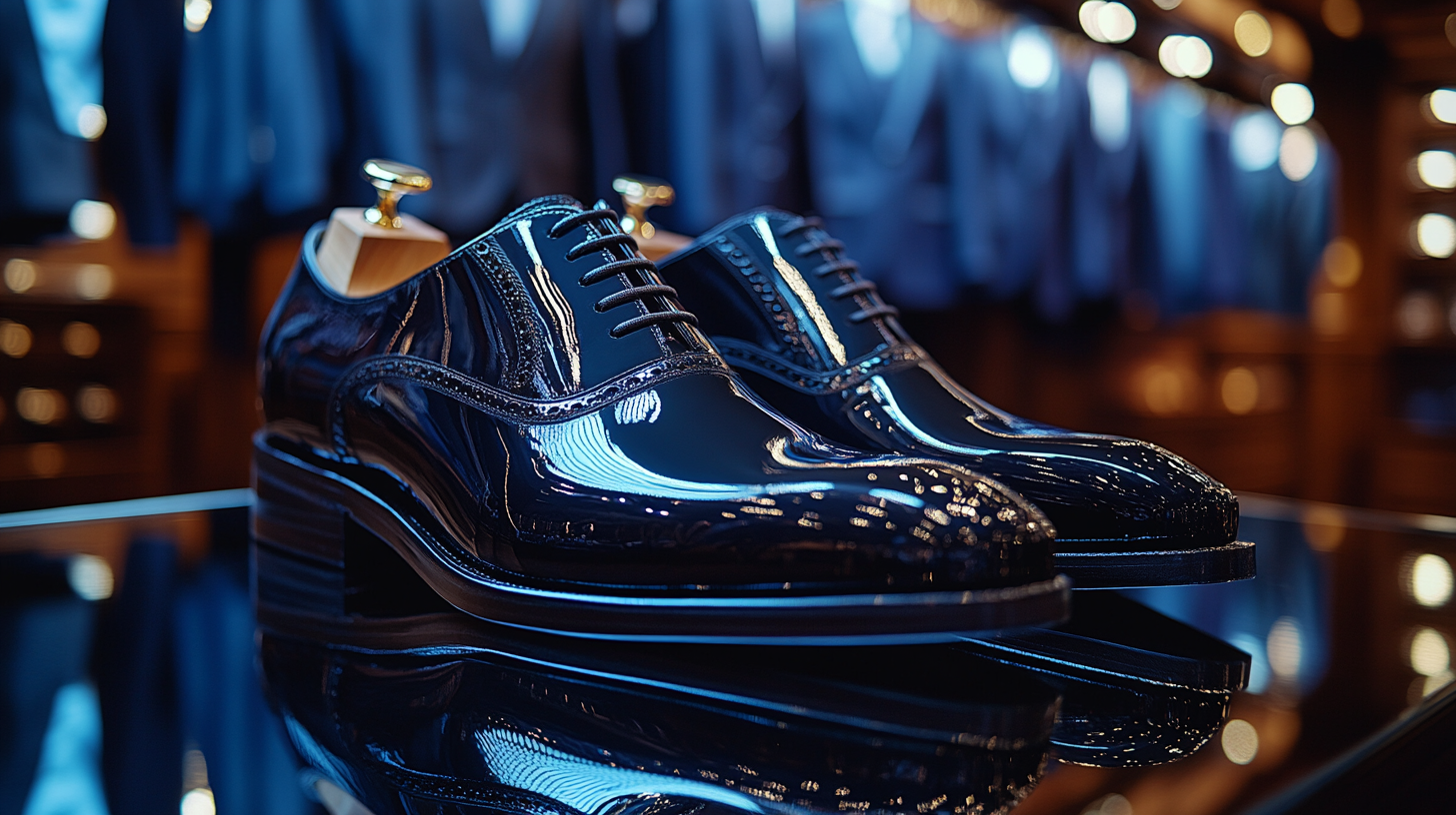 A pair of black patent leather shoes displayed on a mirrored surface, with vibrant royal blue suits and darker navy blue suits hanging in the background, exuding glamour and bold style.