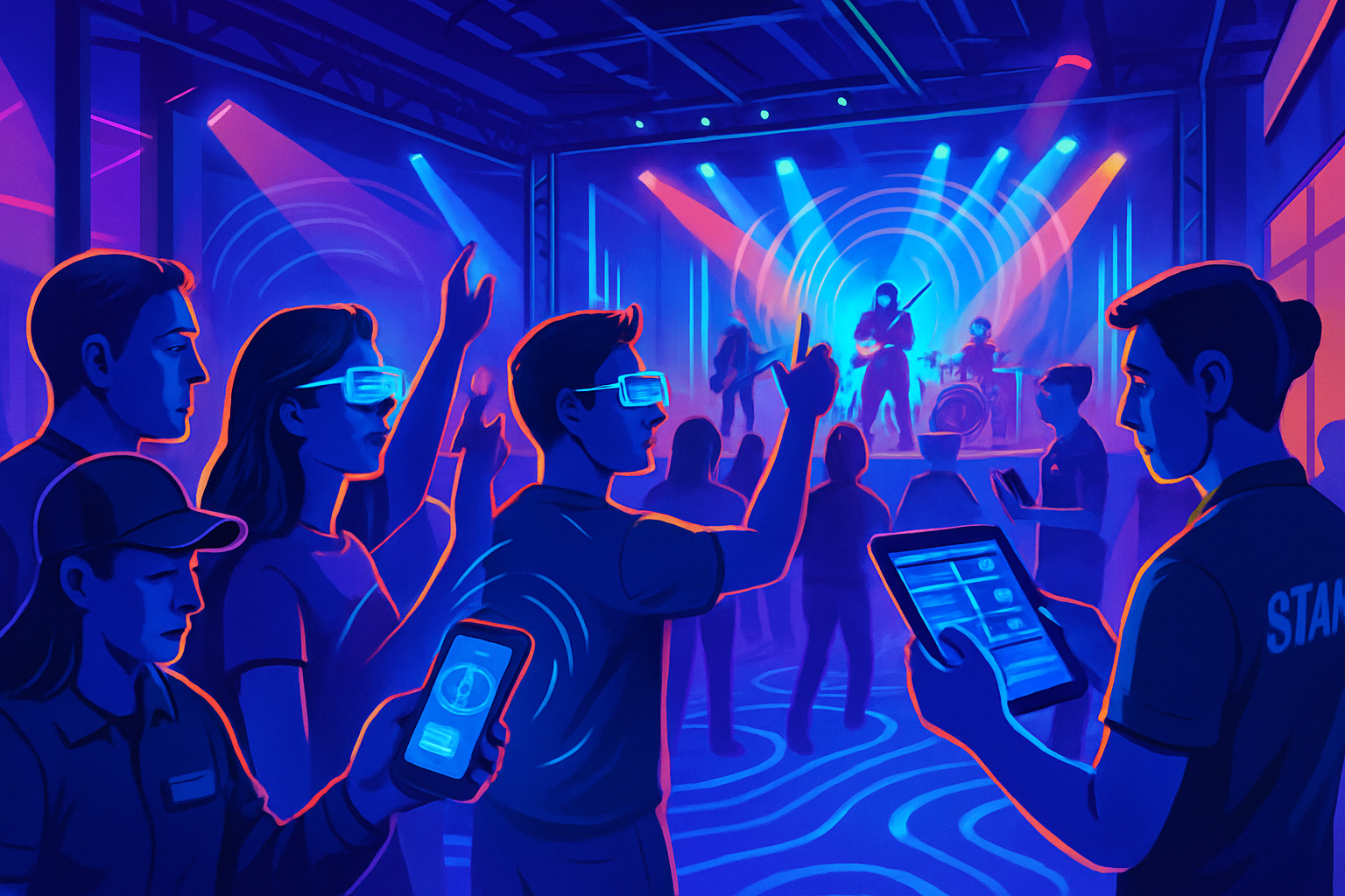 Futuristic concert venue showcasing integrated technologies like AI, blockchain, and augmented reality enhancing the live event experience in 2025.
