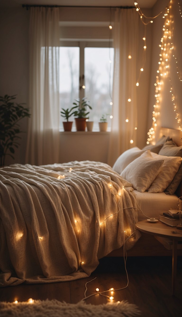 Warm white string lights drape around a cozy, neutral bedroom with soft, inviting tones