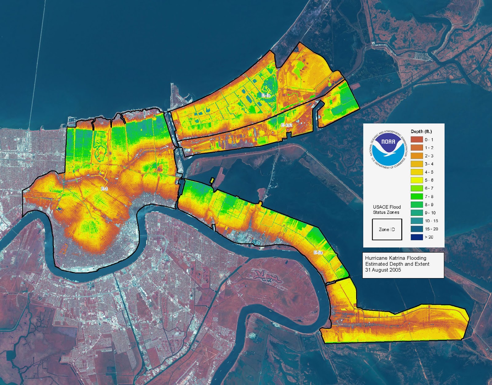 A map showing flood depth in New Orleans days after Hurricane Katrina.