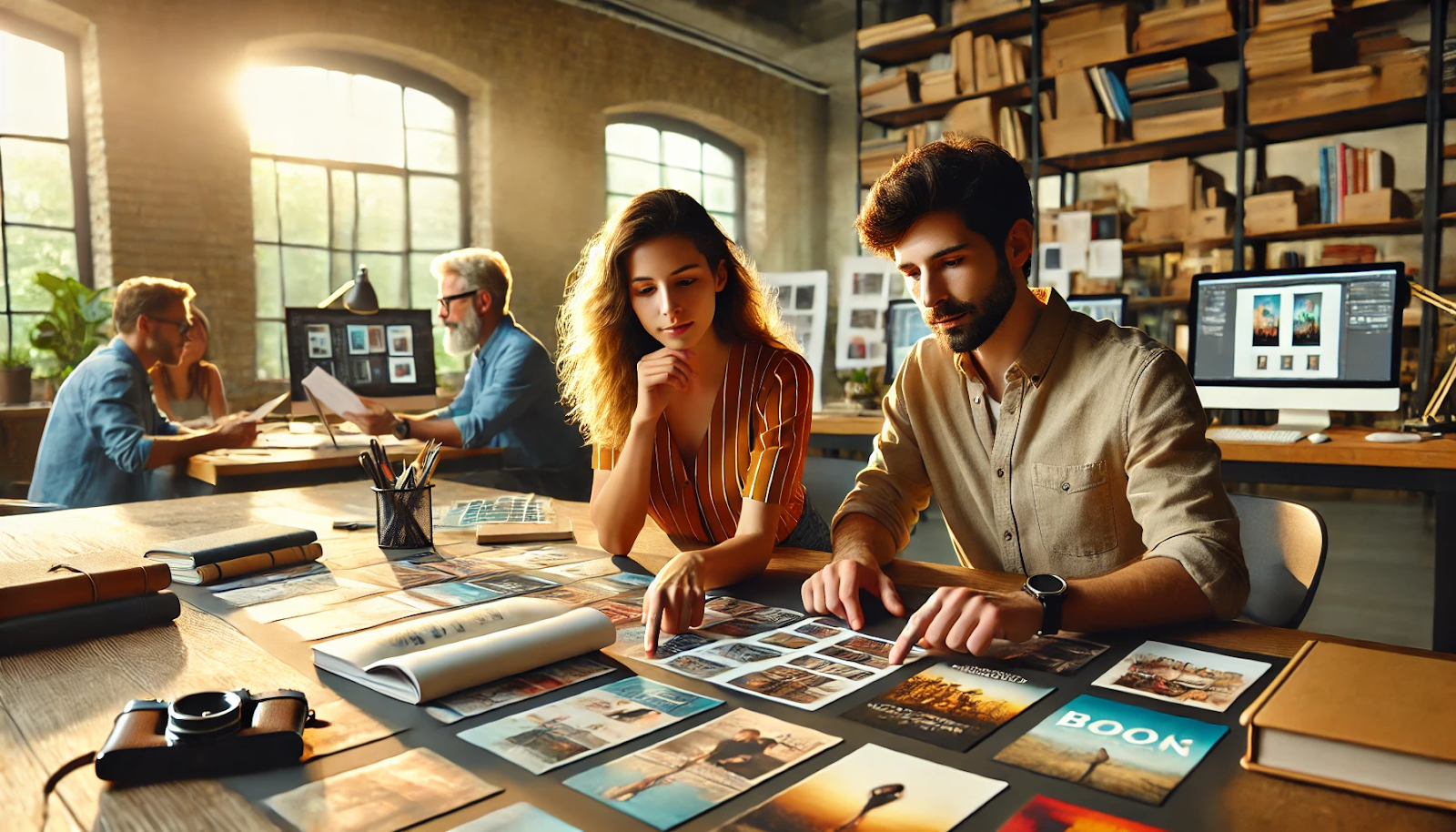 A creative team reviews book cover designs at a well-lit workspace. A man and woman examine printed cover concepts, while two colleagues collaborate in the background. Shelves filled with books and design materials add to the studio's atmosphere