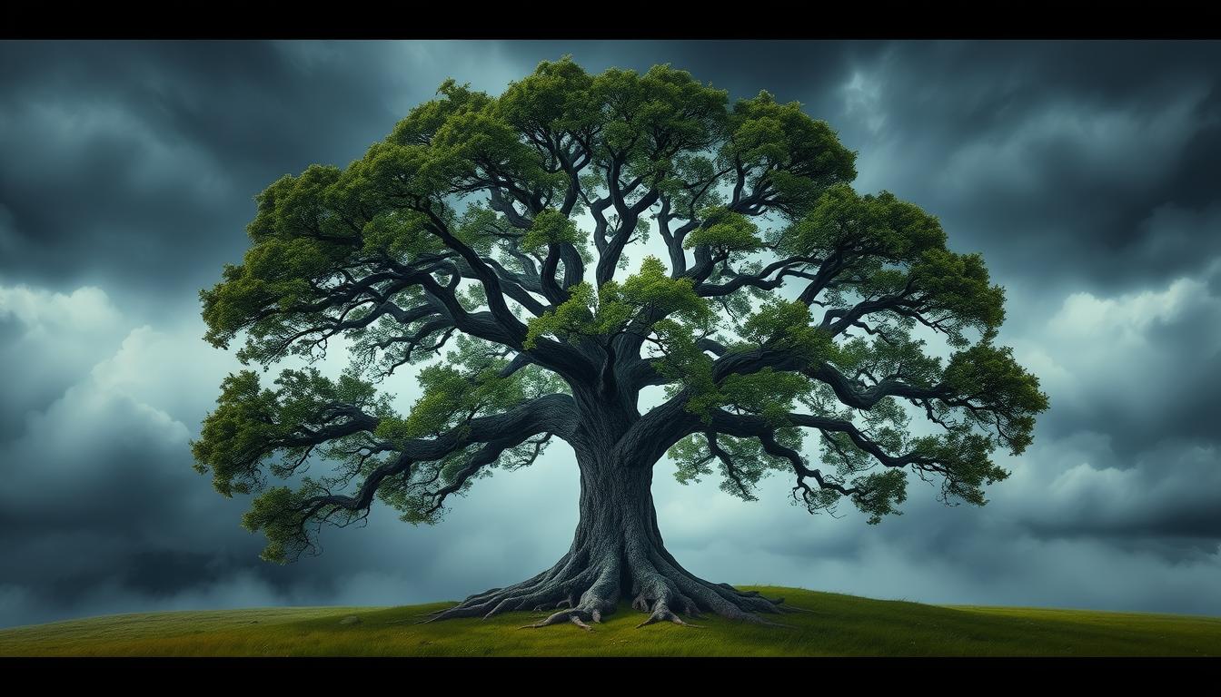 A powerful oak tree standing tall and strong amidst a storm, with roots deep in the ground and branches reaching towards the sky. The leaves rustle in the wind, but the tree remains steady and resilient.