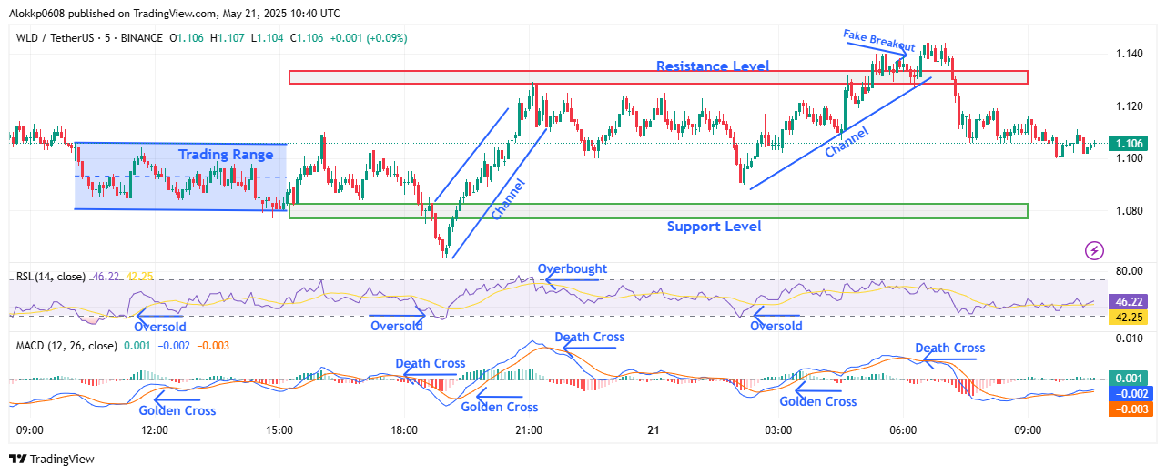 WLD/USDT M5 Chart,  Analyzed by Alokkp0608, published on May 21st, 2025.