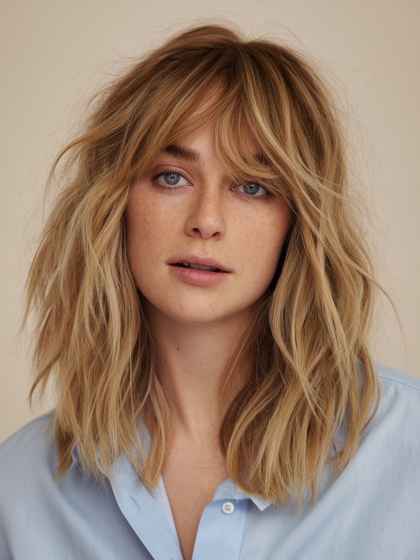 22. Natural Wavy Shaggy Layers with Bangs