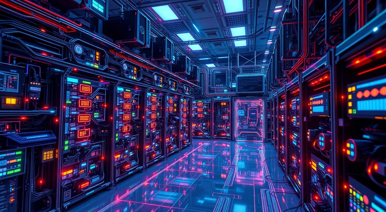 A futuristic lab filled with complex quantum computers, glowing circuits intertwining with neural networks, vibrant colors symbolizing data flow, abstract representations of artificial intelligence algorithms interacting with qubits, a surreal blend of technology and intelligence.