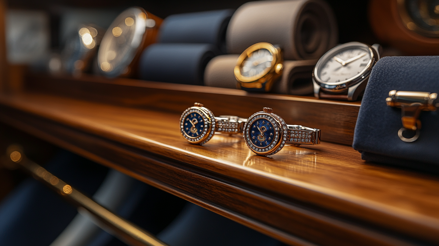 A pair of luxurious silver and gold cufflinks displayed on a polished wooden shelf inside a high-end men's closet. Surrounded by designer wristwatches, silk pocket squares, and leather belts, the cufflinks exude elegance. The lighting creates soft reflections, enhancing their premium feel. Ultra-detailed, hyper-realistic, cinematic lighting, luxury men's fashion photography, refined aesthetic.