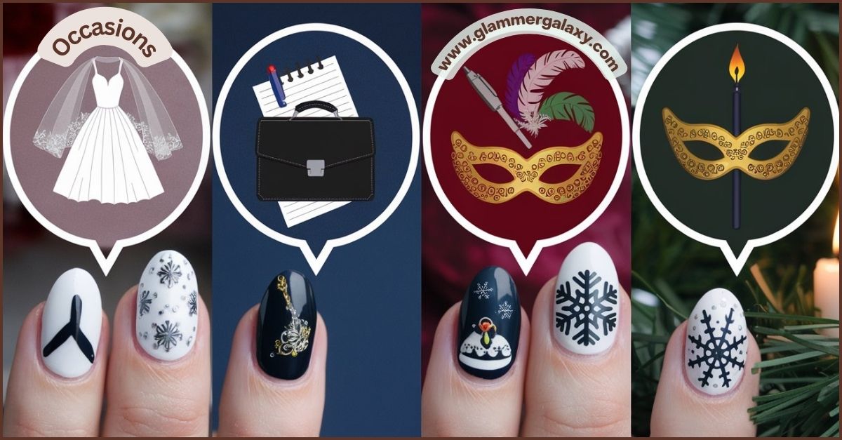 Four images showcasing different nail art designs inspired by various occasions: wedding, work, party, and winter holidays.