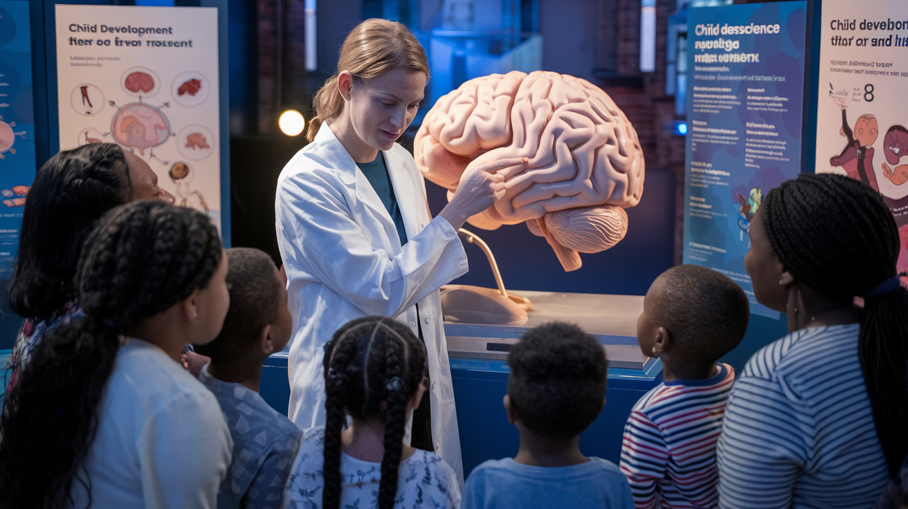 Create a realistic image of a white female scientist in a lab coat, standing in front of a large brain model, pointing to specific areas while explaining to a diverse group of attentive parents and children, with educational posters about child development and neuroscience visible in the background, and soft, warm lighting illuminating the scene.