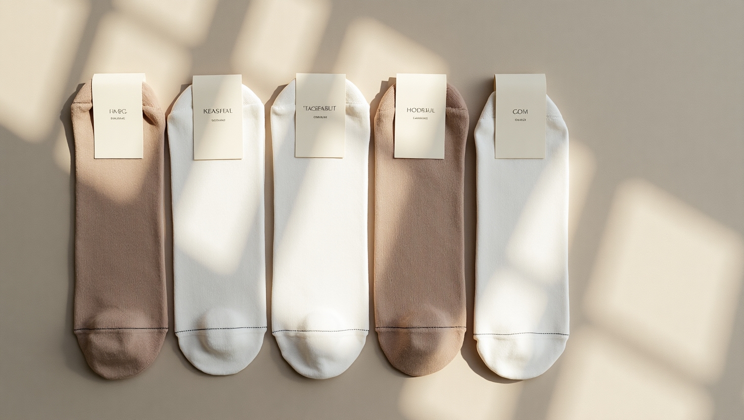 An assortment of high-quality, neutral-toned socks with simple, unbranded packaging, presented in a visually appealing manner.