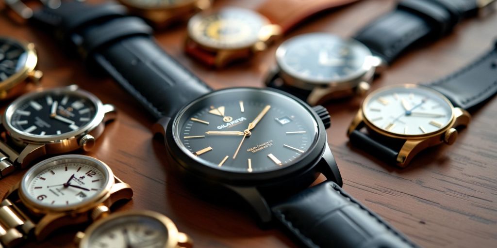 Diverse watch sizes and styles on a wooden surface.