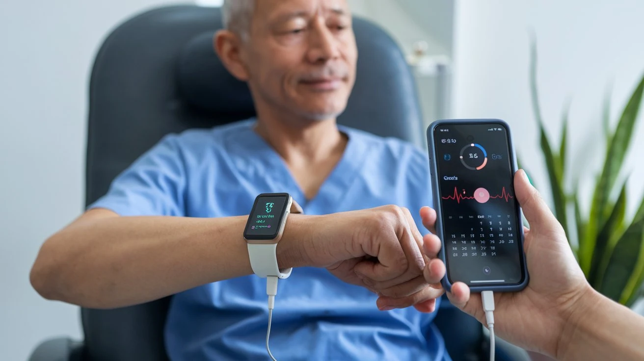 Patient using a wearable device for managing a chronic condition, with visual elements showing how the device supports disease management