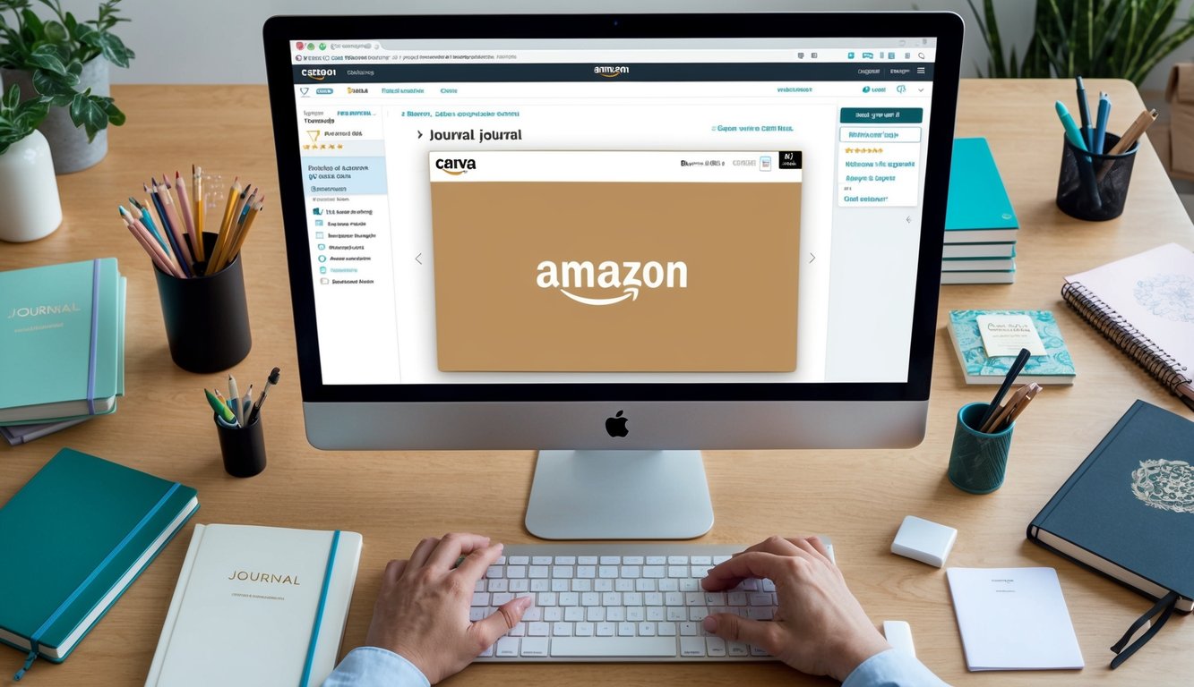 A person creating a journal cover on Canva with Amazon's website open on a computer screen, surrounded by various journal designs and stationery