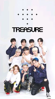 This contains an image of TREASURE Group members posing for a photo together in front of a white background with black letters