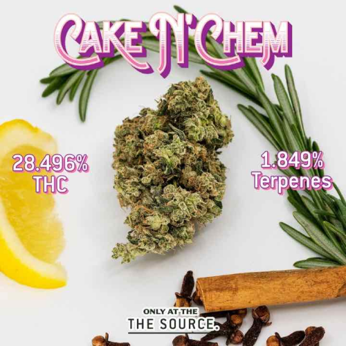 Cake N Chem is one of The Source’s newest cannabis strains from their in-house boutique flower brand, In The Flow. Cake N Chem is an indica-dominant strain ranging in THC from 28-29% and contains a total of 1.84% terpenes.